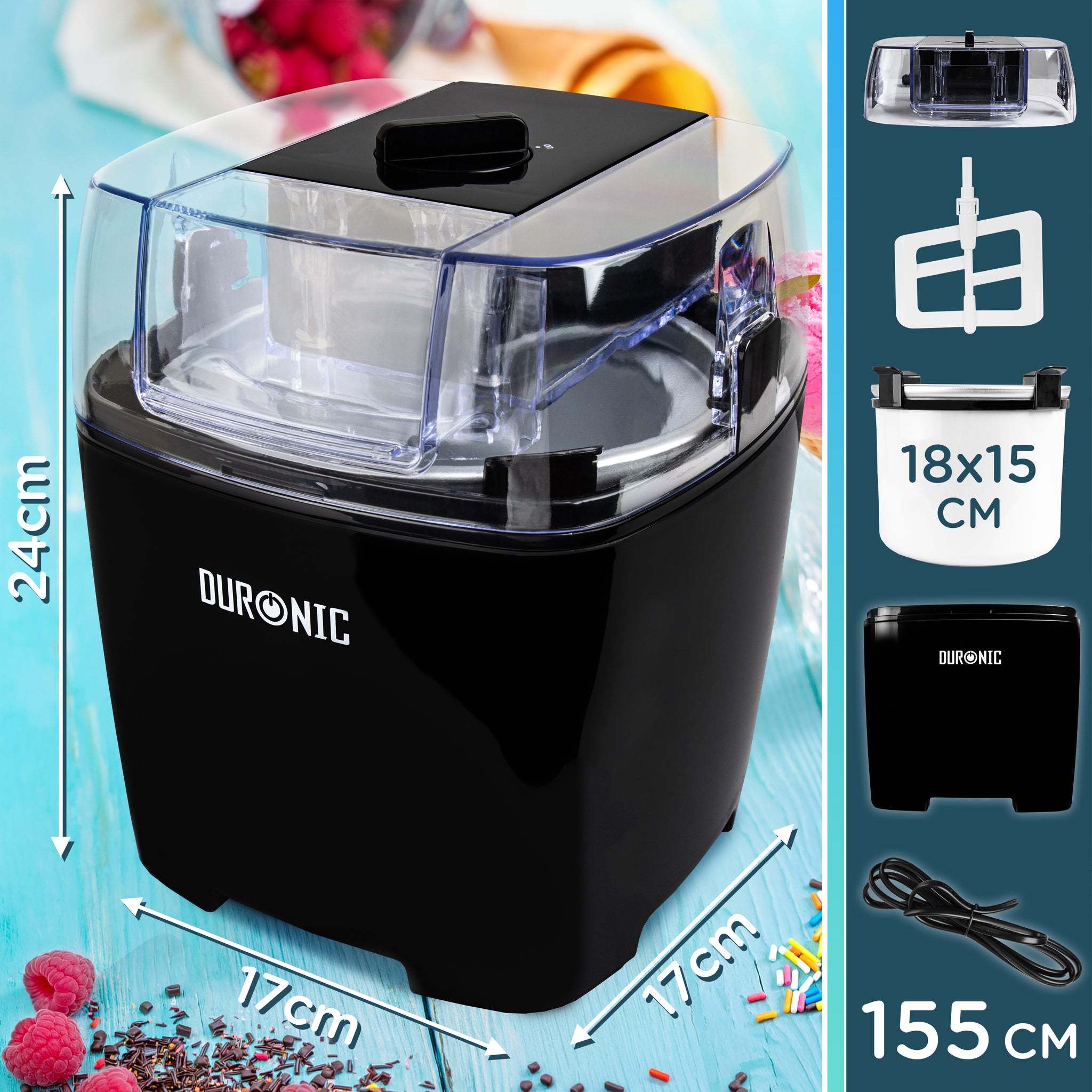 Duronic Ice Cream Maker showing product dimensions, clear lid, removable bowl, and power cord.