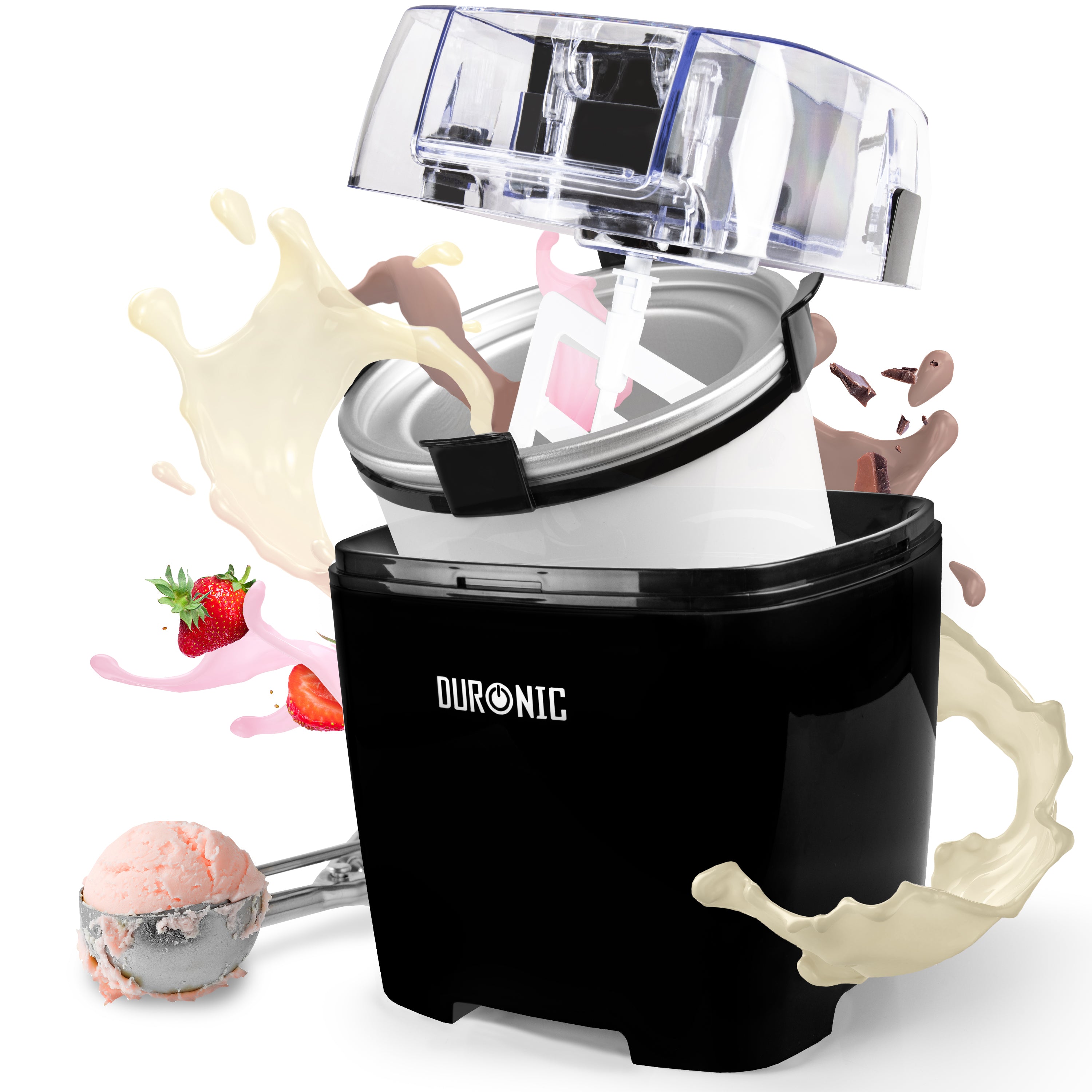 Duronic Ice Cream Maker with splashes of milk, strawberries, and a scoop of ice cream.