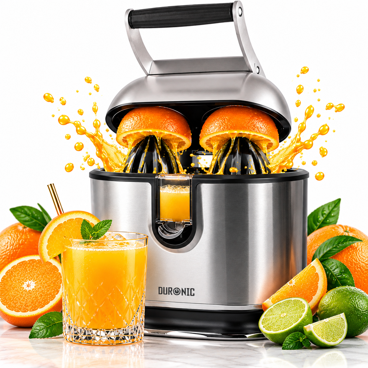 Duronic JE812 Electric Citrus Juicer with press handle, orange juice splash, and sliced citrus.