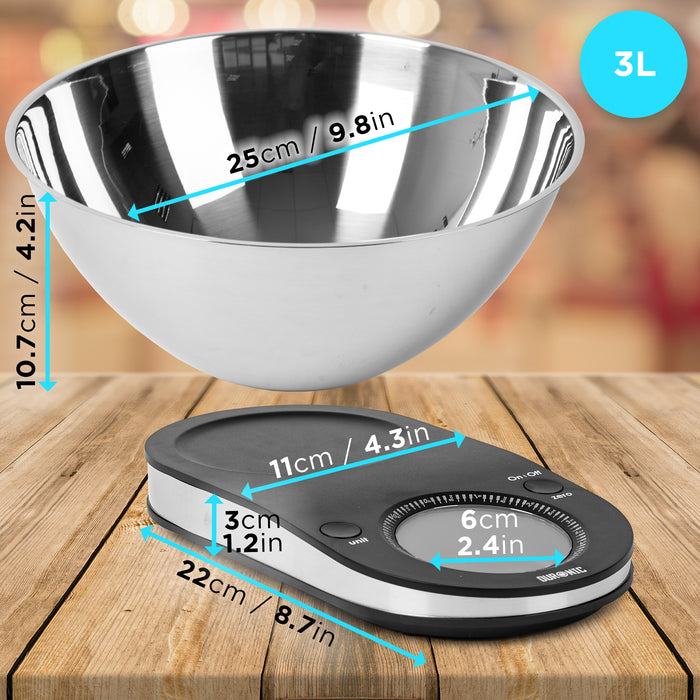 Duronic KS5000 digital kitchen scale dimensions with 3L measuring bowl included