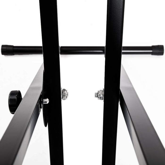 Duronic Keyboard Stand showing central adjustment knob, bolts, and locking mechanism.
