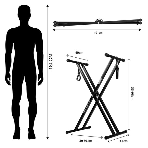 Duronic Keyboard Stand showing heights, widths, folded length, and human scale comparison.