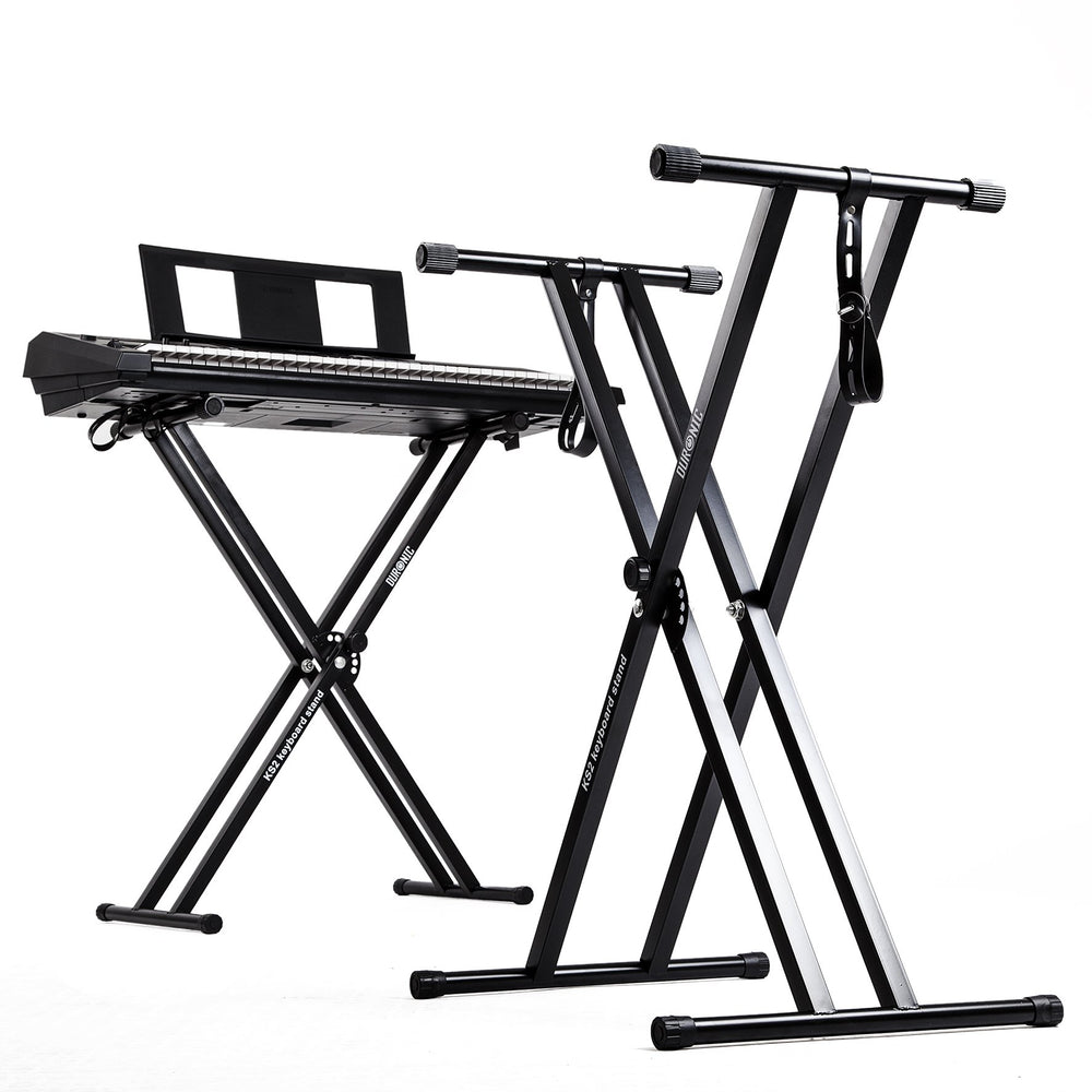 Duronic Keyboard Stand shown empty and supporting a digital electronic piano.