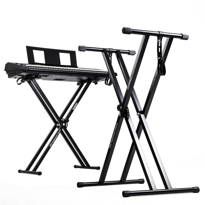 Duronic Keyboard Stand shown empty and supporting a digital electronic piano.
