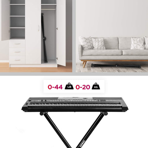 Duronic Keyboard Stand shown stored in a wardrobe, under a couch, and holding a keyboard.