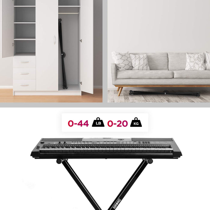 Duronic Keyboard Stand shown stored in a wardrobe, under a couch, and holding a keyboard.