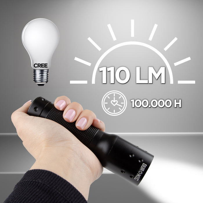 Duronic LED Torch featuring 110 lumens brightness and 100,000 hours of LED lifespan.