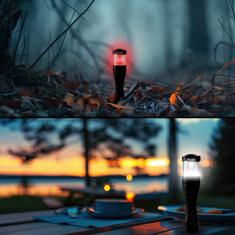 Duronic LED Torch glowing with a red light in a forest setting and a bright white light on an outdoor picnic table at sunset.