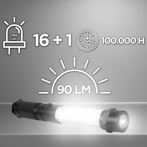 Duronic LED Torch showing 90 lumens brightness, Cree LED technology, and 100,000-hour long-lasting battery life.
