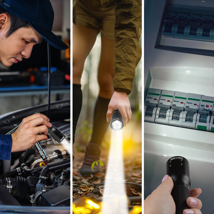 Duronic LED Torch shown in use for car repairs, outdoor hiking, and checking fuse boxes.