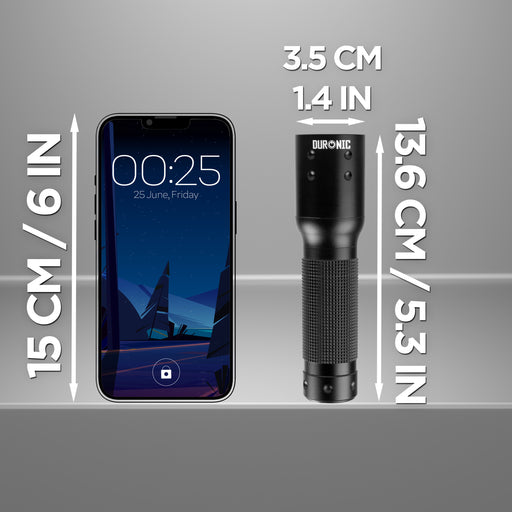 Duronic LED Torch shown next to a smartphone for a size comparison.