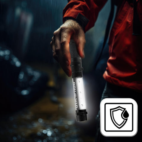 Duronic LED Torch used in the rain by a person outdoors.