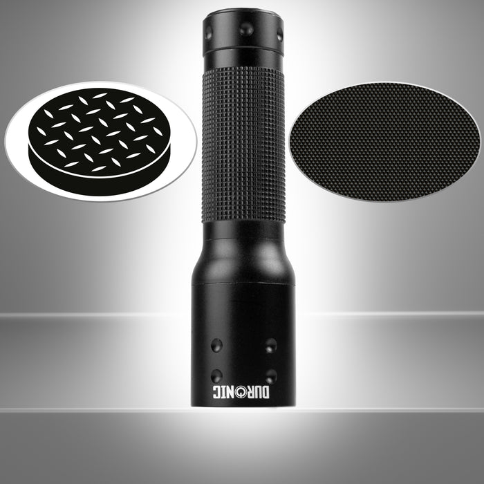 Duronic LED Torch with a textured non-slip grip handle, shown with detailed material close-up circles.