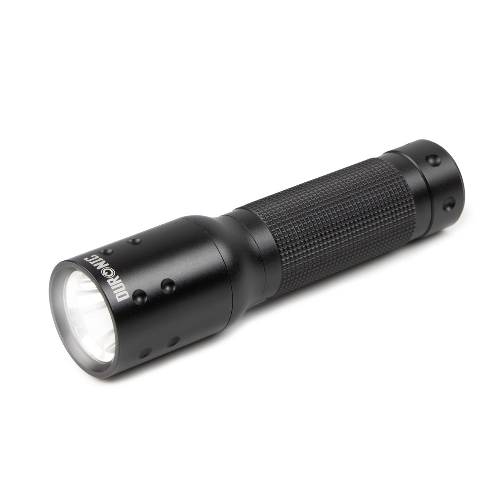 Duronic LED Torch with knurled grip and durable matte finish for outdoor professional use.