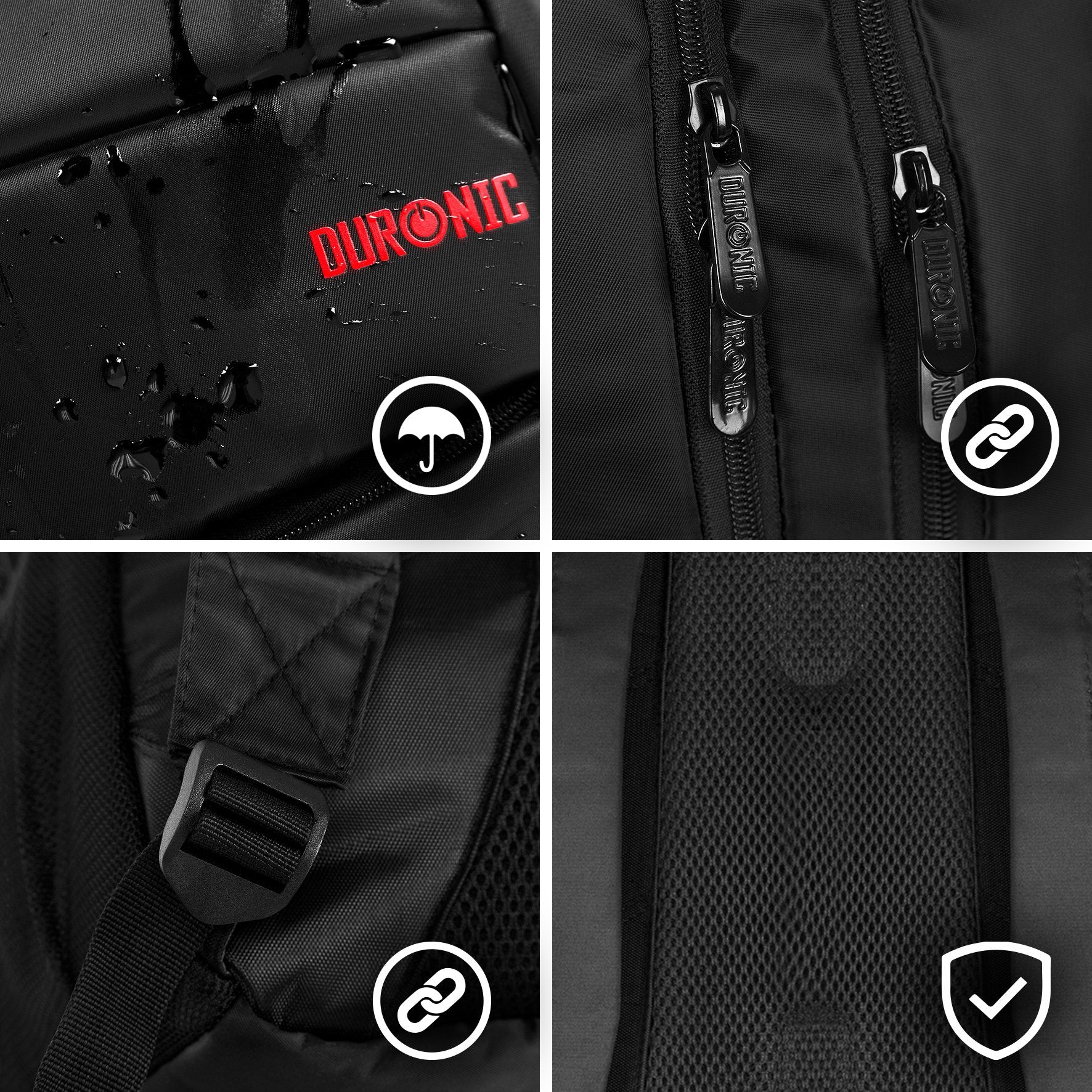 Duronic Laptop Backpack Black features close-up details of water-resistant fabric, heavy-duty zippers, straps, and mesh backing.