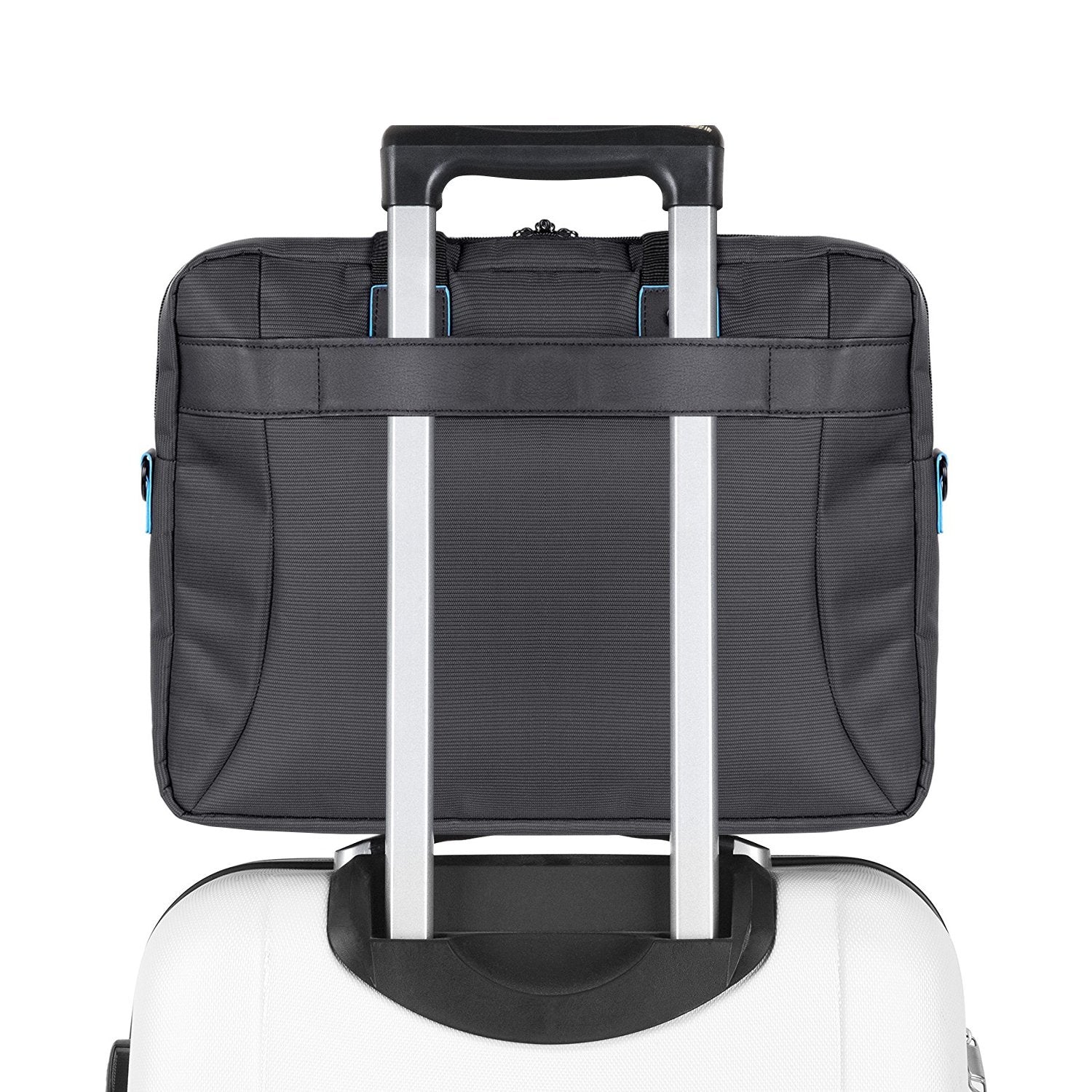 Duronic Laptop Backpack with a luggage strap securely attached to a telescoping suitcase handle.