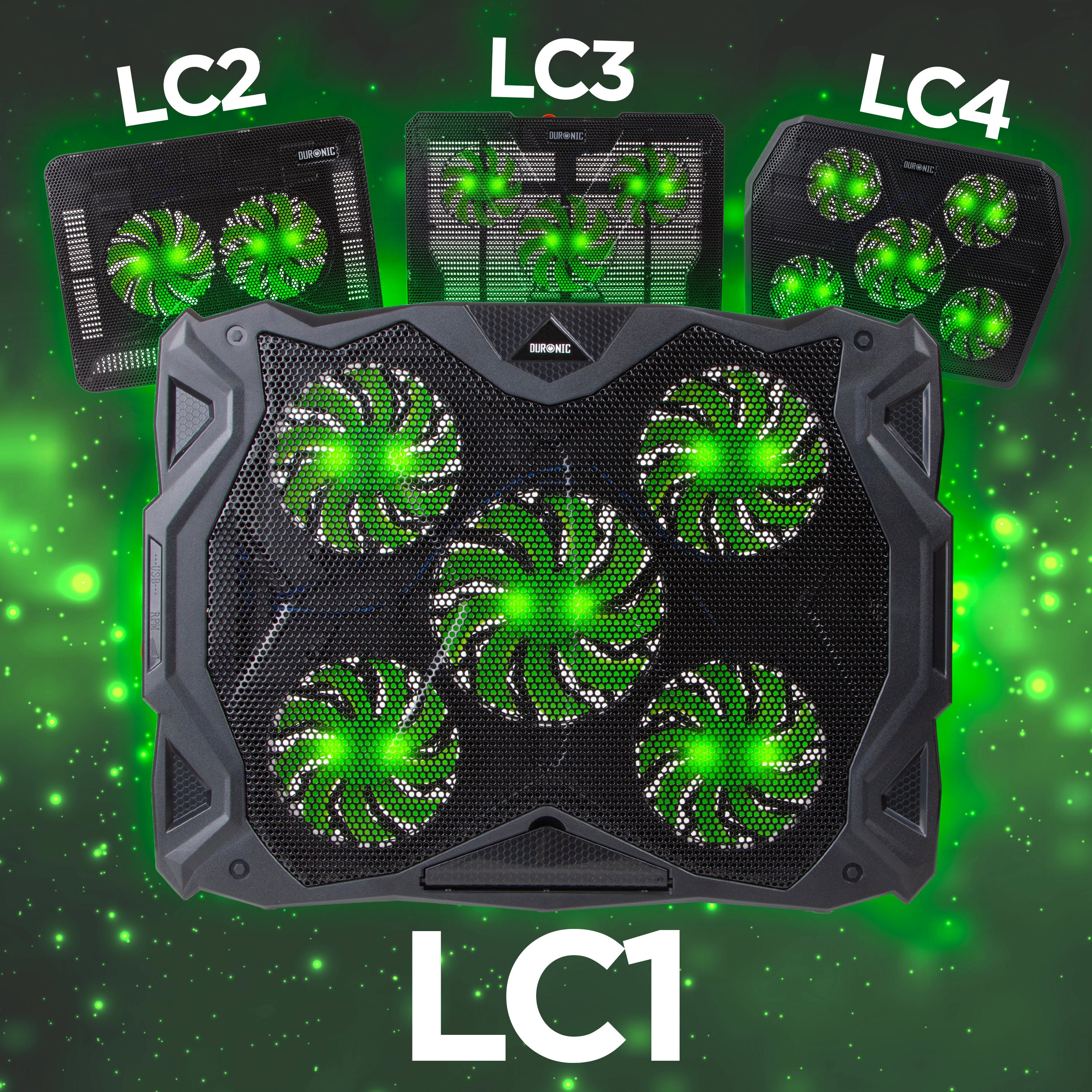 Duronic Laptop Cooling Pad featuring adjustable fan configurations and vibrant green LED lighting against a cosmic background.
