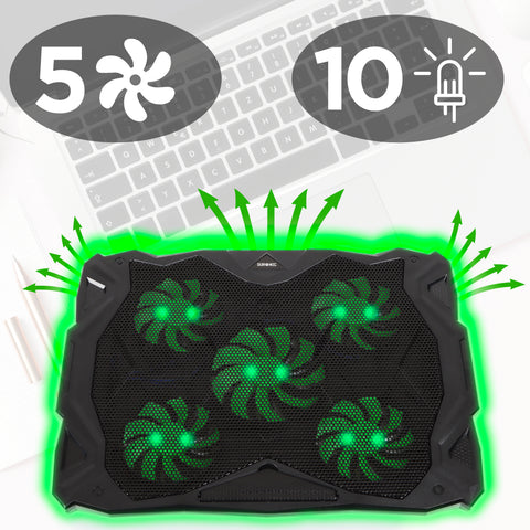 Duronic Laptop Cooling Pad featuring five integrated green LED fans and a ventilated mesh surface for enhanced airflow.