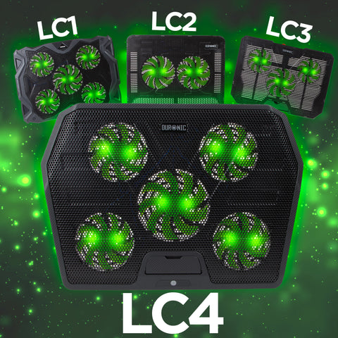 Duronic Laptop Cooling Pad featuring multiple green LED-illuminated fans in various configurations, labeled LC1 through LC4 against a glowing green background.