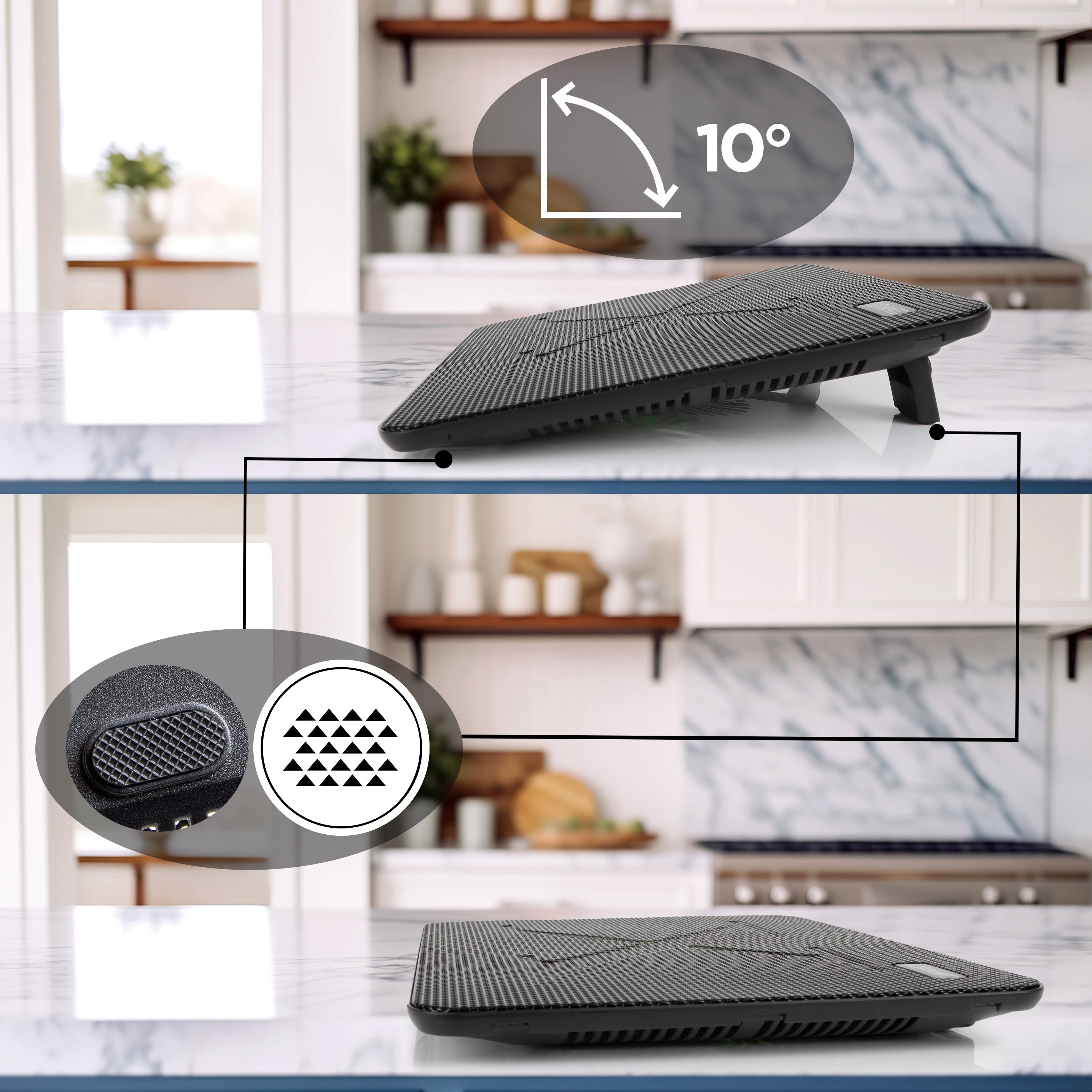 Duronic Laptop Cooling Pad showing its adjustable 10-degree ergonomic incline and non-slip rubber feet.