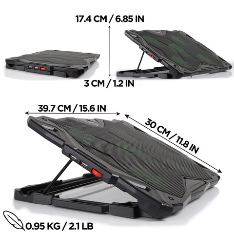 Duronic Laptop Cooling Pad  shown from multiple angles with dimensions of 39.7 cm x 30 cm and a weight of 0.95 kg.