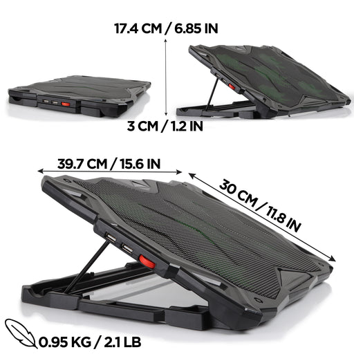 Duronic Laptop Cooling Pad  shown from multiple angles with dimensions of 39.7 cm x 30 cm and a weight of 0.95 kg.