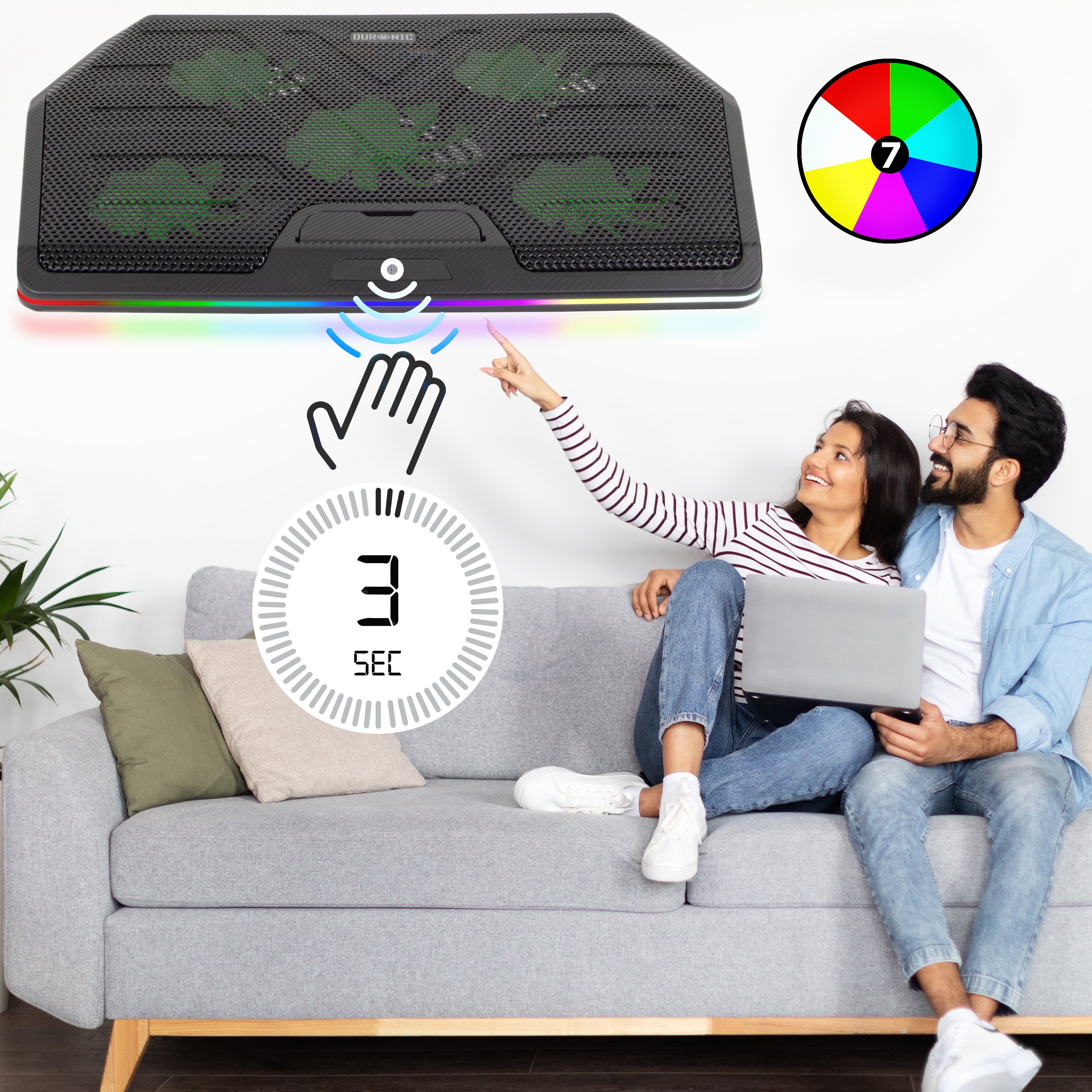 Duronic Laptop Cooling Pad with 5 fans and 7-color RGB lighting, featuring a touch-sensitive sensor for quick mode switching.