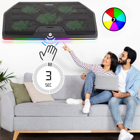 Duronic Laptop Cooling Pad with 5 fans and 7-color RGB lighting, featuring a touch-sensitive sensor for quick mode switching.