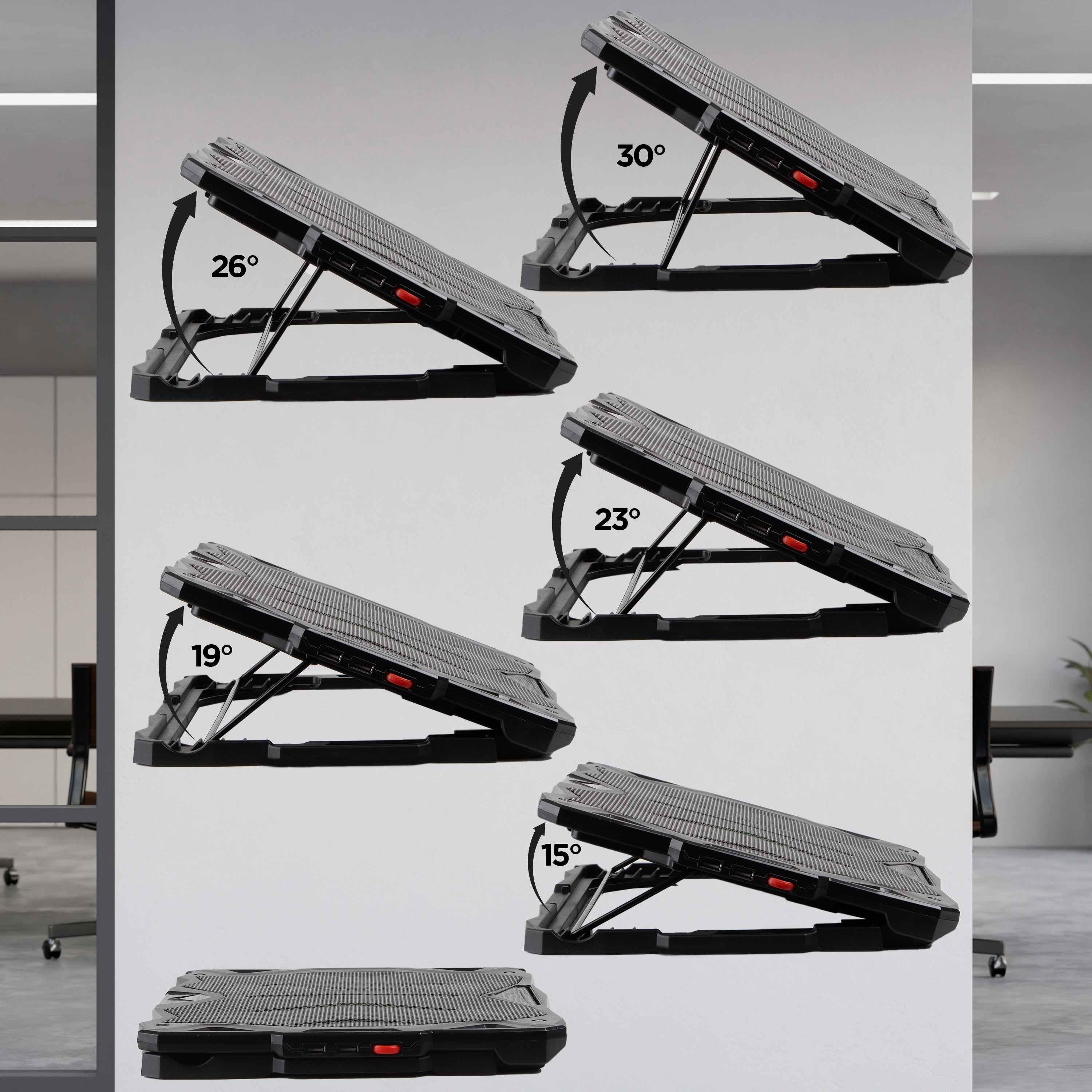 Duronic Laptop Cooling Pad with clearly labeled angles ranging from 15° to 30° to demonstrate ergonomic versatility.