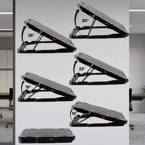 Duronic Laptop Cooling Pad with clearly labeled angles ranging from 15° to 30° to demonstrate ergonomic versatility.