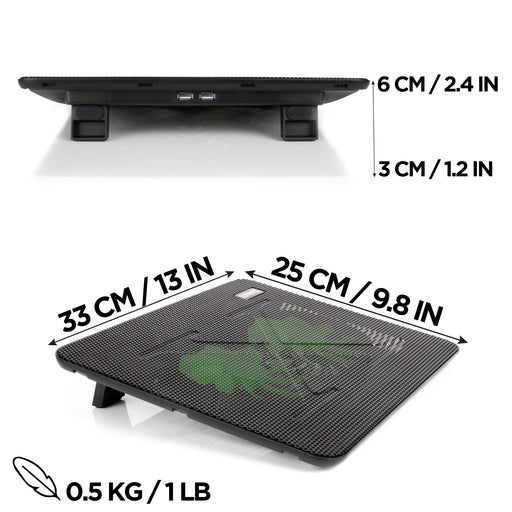 Duronic Laptop Cooling Pad with dimensions labeled as 33 cm by 25 cm, a height ranging from 3 cm to 6 cm, and a weight of 0.5 kg.