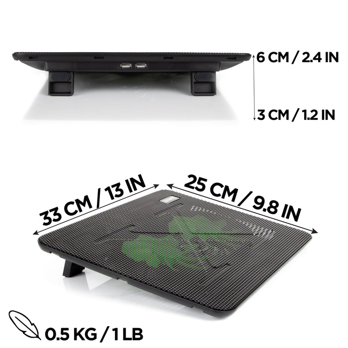 Duronic Laptop Cooling Pad with dimensions labeled as 33 cm by 25 cm, a height ranging from 3 cm to 6 cm, and a weight of 0.5 kg.