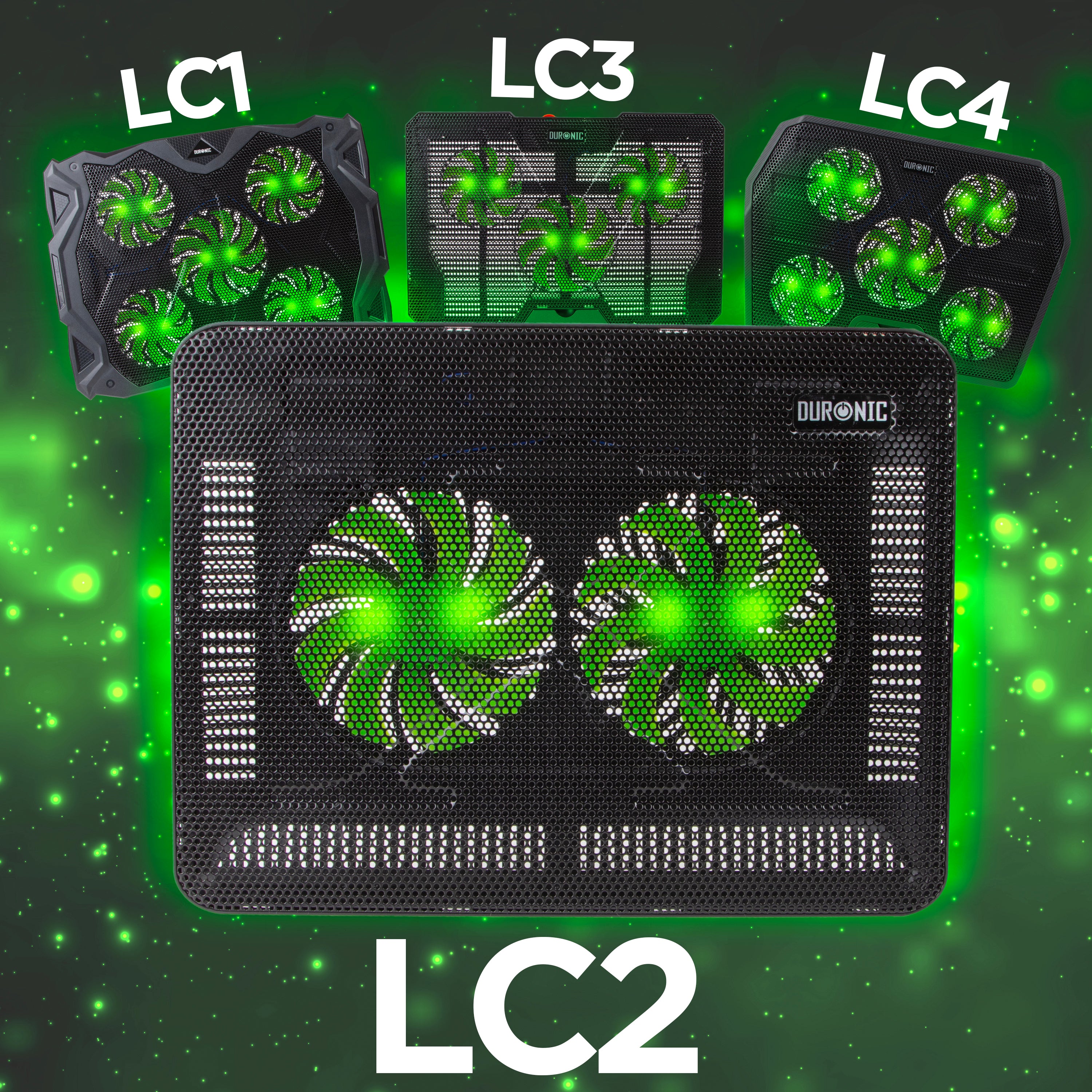 Duronic Laptop Cooling Pad with vibrant green LED-illuminated fans against a matching glowing green background.