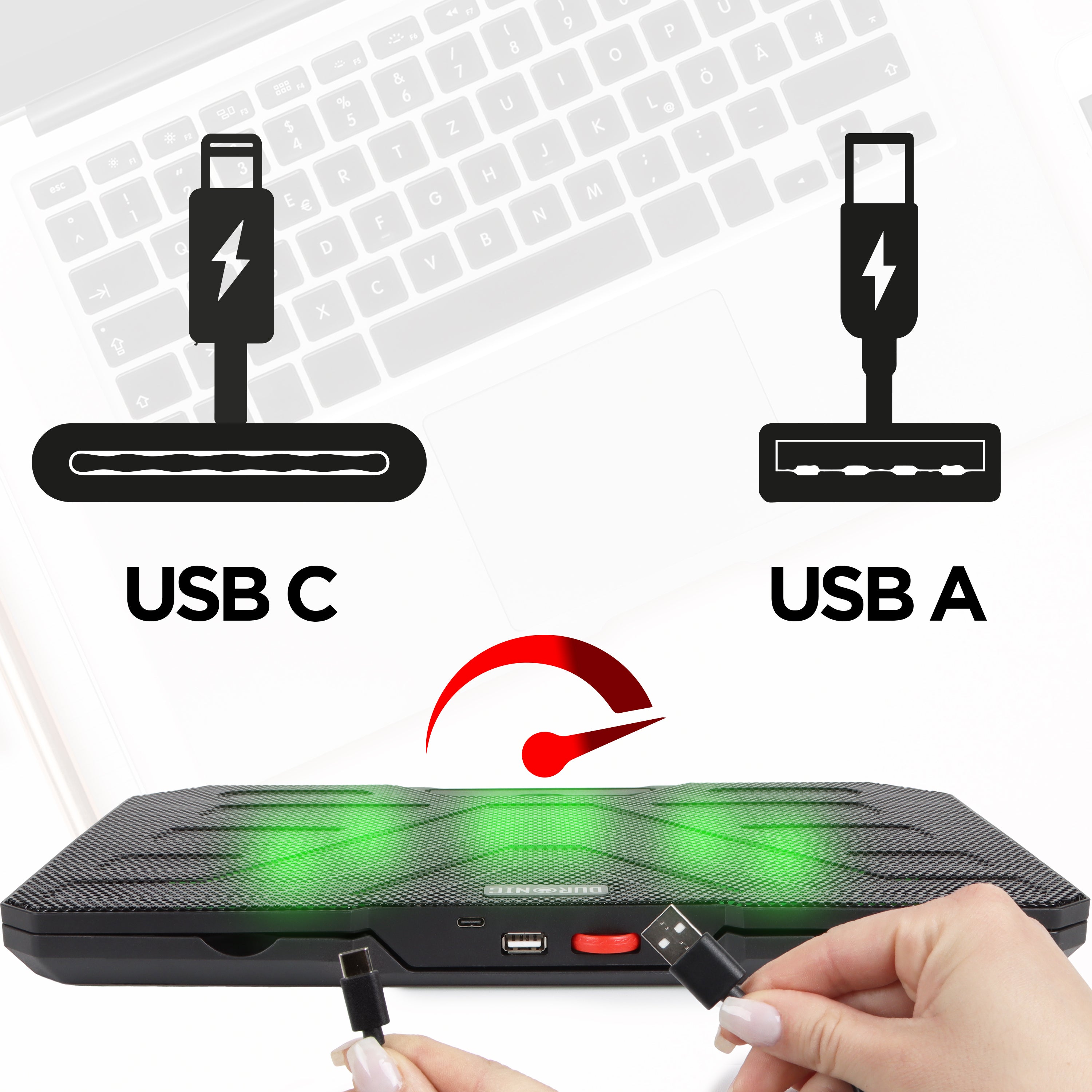 Duronic Laptop Cooling featuring dual input ports, a power dial, and glowing green LED fans.