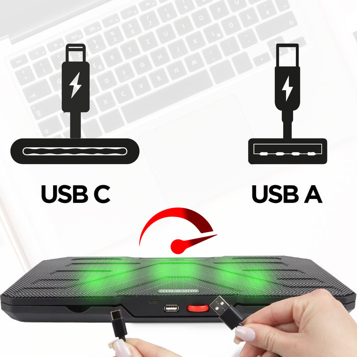 Duronic Laptop Cooling featuring dual input ports, a power dial, and glowing green LED fans.