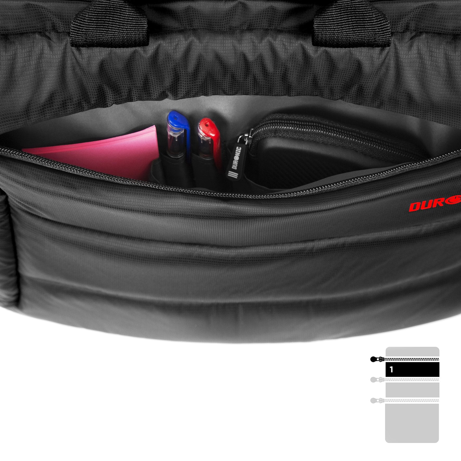 Duronic Laptop Messenger Bag containing pens, notepad, and a zippered pouch.