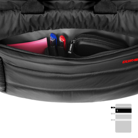 Duronic Laptop Messenger Bag containing pens, notepad, and a zippered pouch.