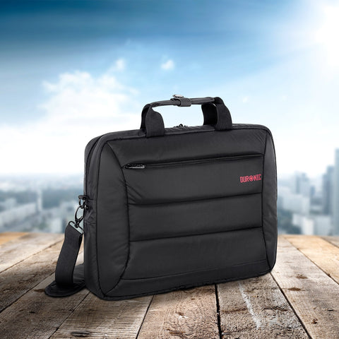 Duronic Laptop Messenger Bag featuring top handles and adjustable shoulder strap on wood.