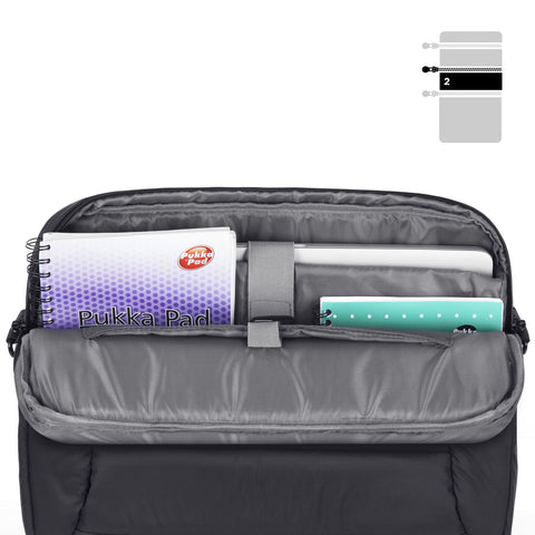 Duronic Laptop Messenger Bag showing organized compartments filled with a Pukka Pad notebook and laptop.