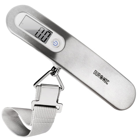Duronic Luggage Scale Travel Bag Weigh with woven strap and clear LCD screen displaying zero.