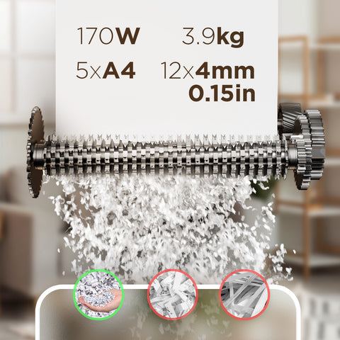 Duronic Micro Cut Paper Shredder cutting five A4 sheets into tiny 12x4mm cross-cut security particles.