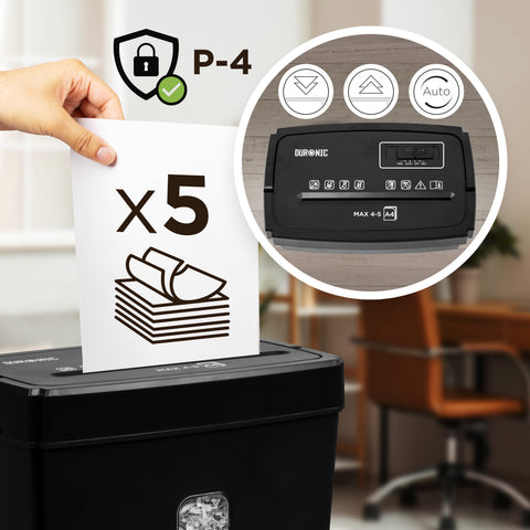 Duronic Micro Cut Paper Shredder showing 5-sheet capacity, cross-cut security level, and control panel interface.