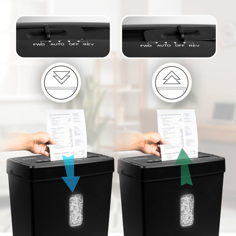 Duronic Micro Cut Paper Shredder with Split image showing paper shredder in "Auto" mode shredding paper and "Rev" mode reversing paper.
