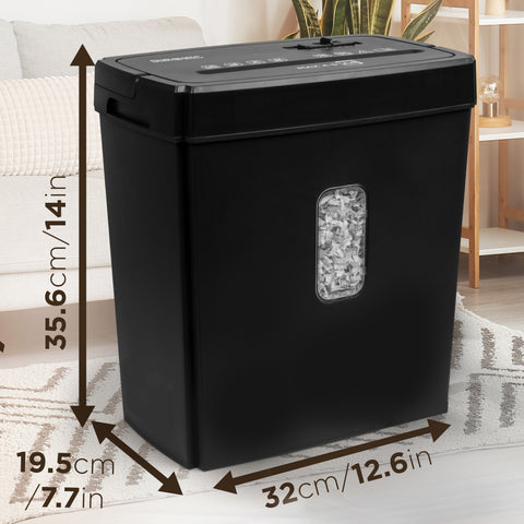 Duronic Micro Cut Paper Shredder with dimensions shown in inches and centimeters against a neutral home background.