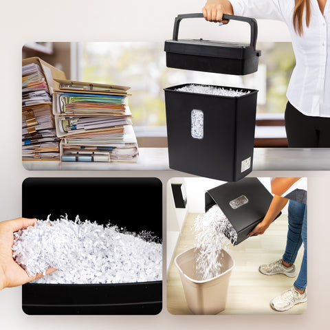 Duronic Micro Cut Paper Shredder with lift-off handle head, overflowing bin, and cross-cut confetti shred particles.