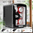Duronic Mini Fridge Warmer displaying beverage cans, clear window door, product dimensions, and power cables.