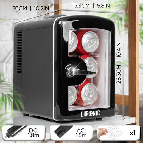 Duronic Mini Fridge Warmer displaying beverage cans, clear window door, product dimensions, and power cables.