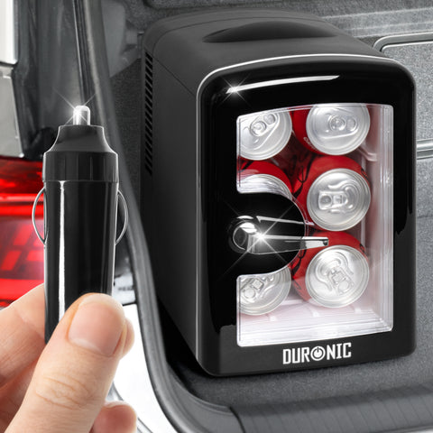 Duronic Mini Fridge Warmer holding drink cans in trunk with 12V car power adapter.