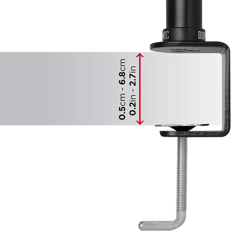 Duronic Monitor Arm Single "Black highlighting an adjustable desk thickness range from 0.5cm to 6.8cm."