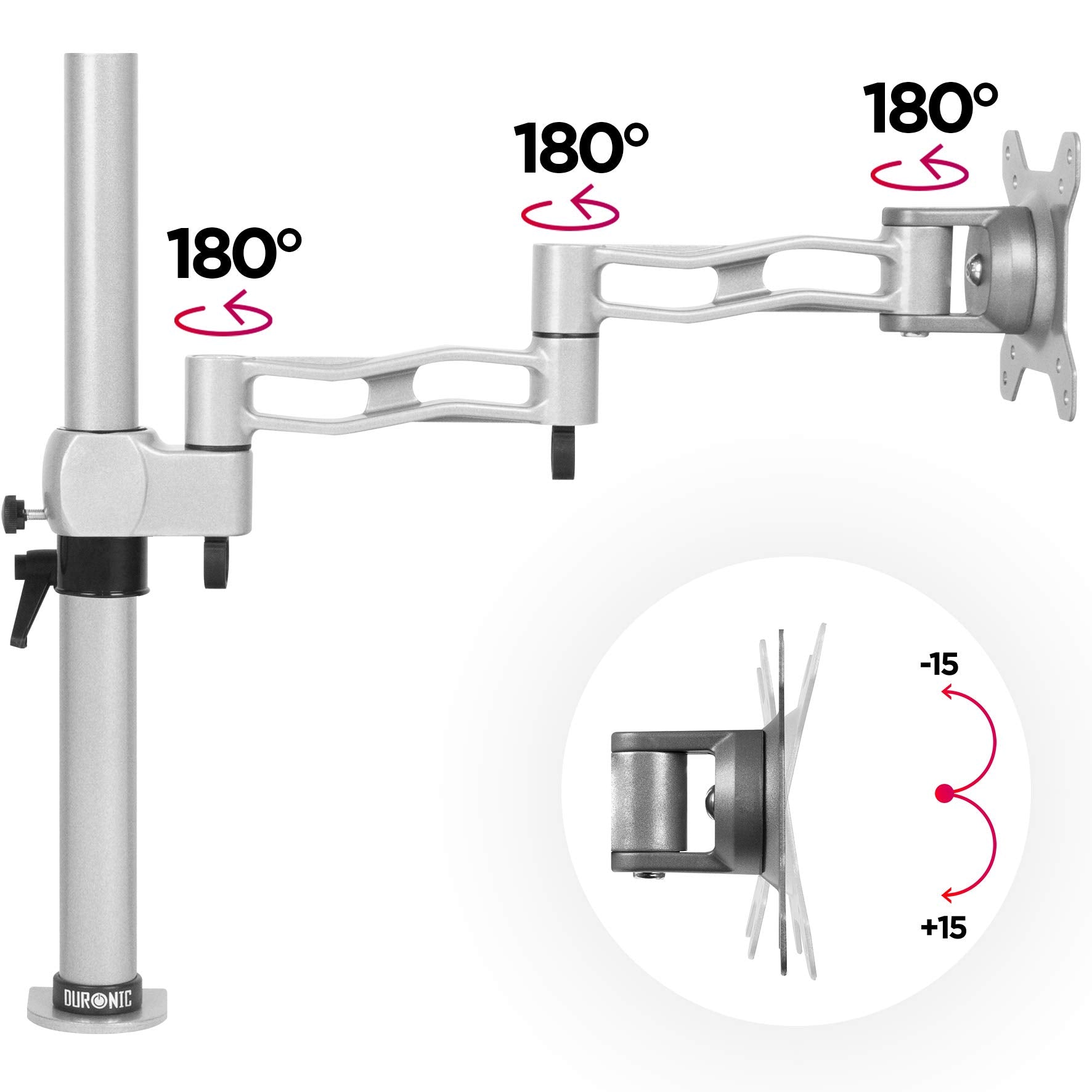 Duronic Monitor Arm Single Silver featuring three distinct 180 degree swivel joints and tilt functionality.